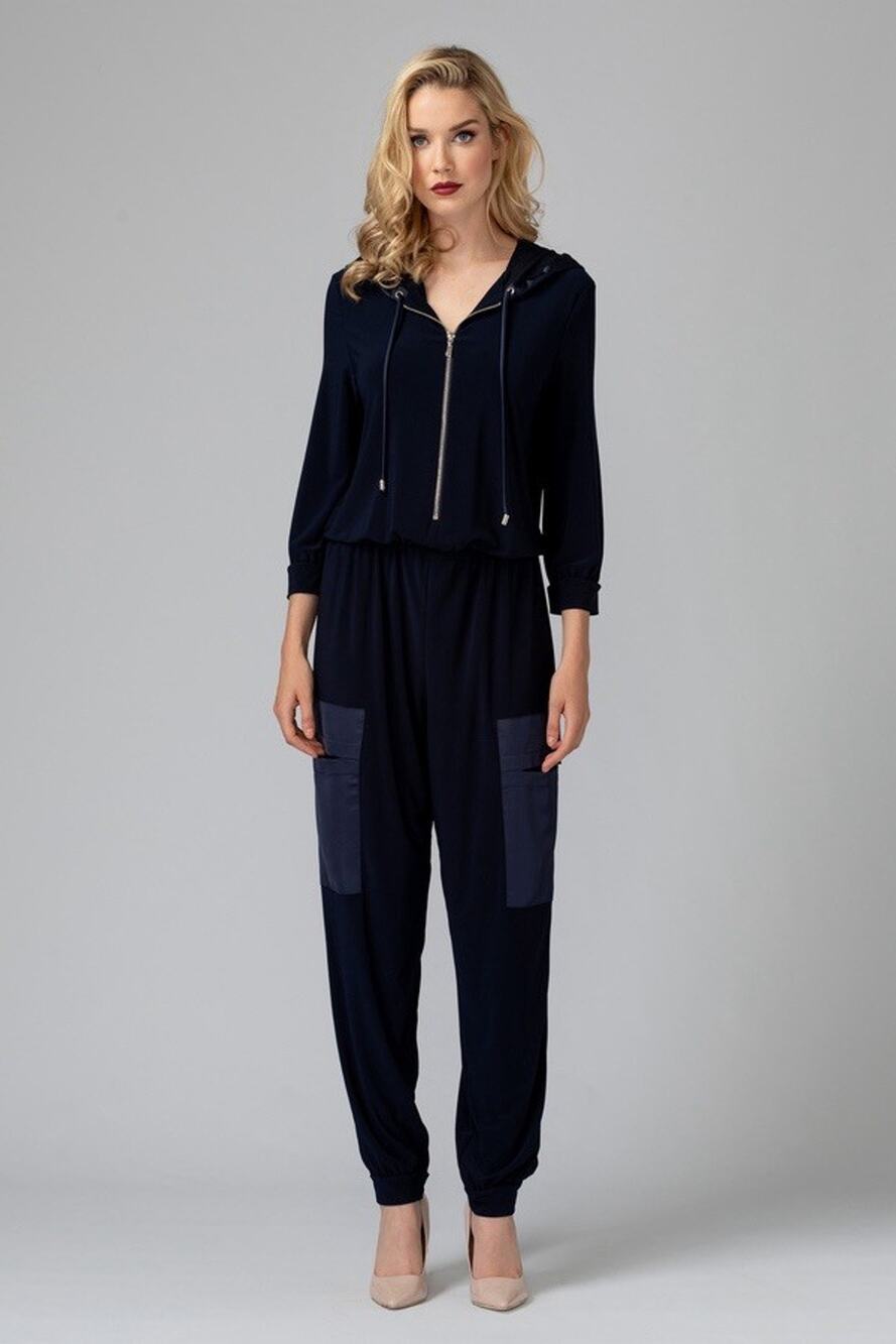 Joseph Ribkoff Stretch Jumpsuit Hooded Jogger Black Zipper Front Size US 12